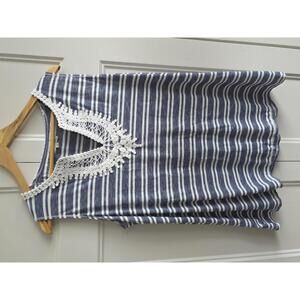 Blue and White Striped Women's Sleeveless Tank Top with Crochet Detail